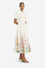 Bianca Short Sleeve Midi Dress - Snapdragon Print in Snow