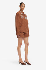 Astrid Embellished Vegan Suede Jacket - Chestnut