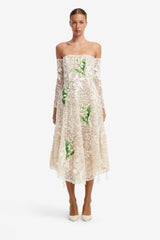 Ana Off-Shoulder Embellished Lace Bustier Midi Dress - Snow Meadow