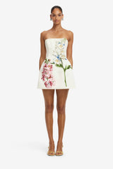 Roselle Embroidered Bustier Mini Dress - Snapdragon Print in Snow