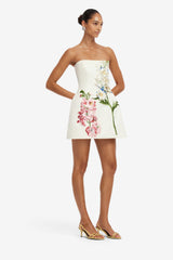 Roselle Embroidered Bustier Mini Dress - Snapdragon Print in Snow