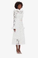 Aliyah Lace Butterfly Sleeve Midi Dress - Snow