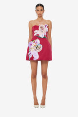 Rosario Appliqué Floral Bustier Mini Dress - Lily Print in Oxblood