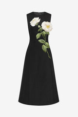 Cleo Embellished Sleeveless Midi Dress - White Rose Print