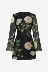 Suzanne Bell Sleeve Mini Dress - White Rose Print