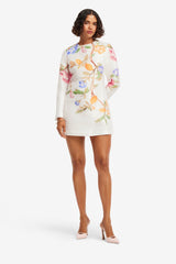Aliza Long Sleeve Mini Dress - Lemon Vine Print in Snow