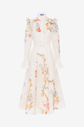 Selina Butterfly Sleeve Midi Dress - Lemon Vine Print in Snow