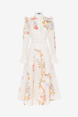 Selina Butterfly Sleeve Midi Dress - Lemon Vine Print in Snow