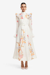 Selina Butterfly Sleeve Midi Dress - Lemon Vine Print in Snow
