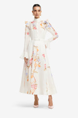 Selina Butterfly Sleeve Midi Dress - Lemon Vine Print in Snow