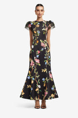 Sofia Embellished Puff Sleeve Maxi Dress - Lemon Vine Print in Ebony