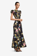 Sofia Embellished Puff Sleeve Maxi Dress - Lemon Vine Print in Ebony