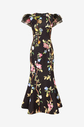 Sofia Embellished Puff Sleeve Maxi Dress - Lemon Vine Print in Ebony