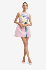 Ali Embroidered Boat Neck Mini Dress - Bouquet Print in Pastel Pink