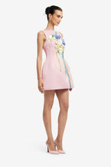 Ali Embroidered Boat Neck Mini Dress - Bouquet Print in Pastel Pink