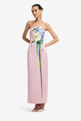 Rayna Embroidered Bustier Maxi Dress - Bouquet Print in Pastel Pink