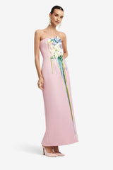 Rayna Embroidered Bustier Maxi Dress - Bouquet Print in Pastel Pink