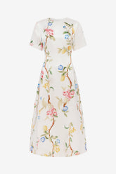 Caroline Short Sleeve Midi Dress - Lemon Vine Print in Snow