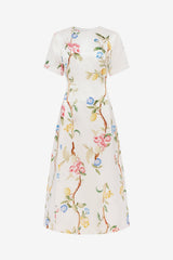 Caroline Short Sleeve Midi Dress - Lemon Vine Print in Snow