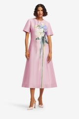 Caroline Short Sleeve Midi Dress - Bouquet Print in Pastel Pink