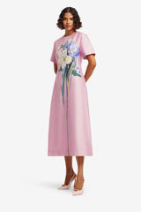 Caroline Short Sleeve Midi Dress - Bouquet Print in Pastel Pink