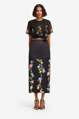 Quinn Midi Skirt - Lemon Vine Print in Ebony