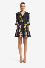 Genevieve Sleeve Mini Dress - Lemon Vine Print in Ebony