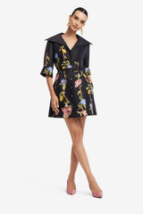 Genevieve Sleeve Mini Dress - Lemon Vine Print in Ebony