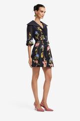Genevieve Sleeve Mini Dress - Lemon Vine Print in Ebony
