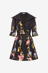Genevieve Sleeve Mini Dress - Lemon Vine Print in Ebony