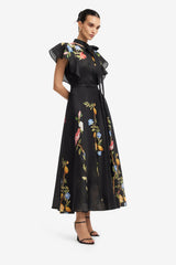 Elsie Flutter Sleeve Midi Dress - Lemon Vine Print in Ebony