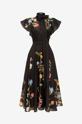 Elsie Flutter Sleeve Midi Dress - Lemon Vine Print in Ebony
