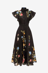 Elsie Flutter Sleeve Midi Dress - Lemon Vine Print in Ebony