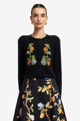Claire Embellished Knit Cardigan - Lemon Vine Print in Ebony