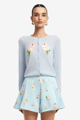 Claire Embellished Knit Cardigan - Ditsy Floral Print in Blue