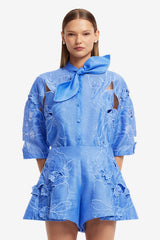 Brooklyn Appliqué Bow Puff Sleeve Top - Azure
