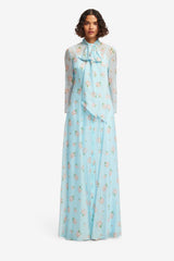 Lilith Tie Neck Maxi Dress - Ditsy Floral Print in Blue