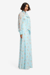 Lilith Tie Neck Maxi Dress - Ditsy Floral Print in Blue