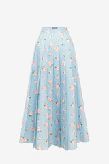 June Pleated Maxi Skirt - Ditsy Floral Print in Blue