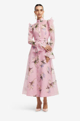Katrina Butterfly Sleeve Midi Dress - Bouquet Print in Pastel Pink