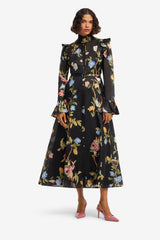 Katrina Butterfly Sleeve Midi Dress - Lemon Vine Print in Ebony