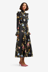Katrina Butterfly Sleeve Midi Dress - Lemon Vine Print in Ebony