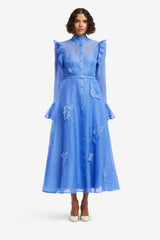 Katrina Appliqué Butterfly Sleeve Midi Dress - Azure