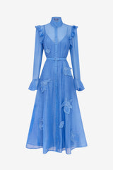 Katrina Appliqué Butterfly Sleeve Midi Dress - Azure