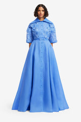 Junia Appliqué Puff Sleeve Silk Gown - Azure
