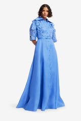 Junia Appliqué Puff Sleeve Silk Gown - Azure