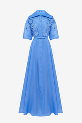 Junia Appliqué Puff Sleeve Silk Gown - Azure