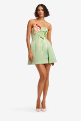 Roselle Cutout Bustier Mini Dress - Tulip Print in Green