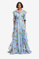Isabella Silk Gown - Tulip Print in Blue