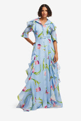 Isabella Silk Gown - Tulip Print in Blue